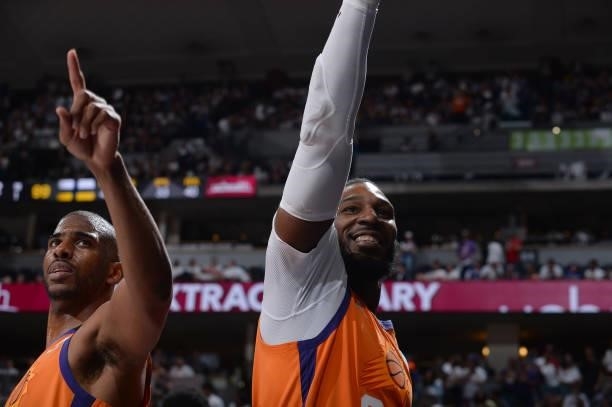 Chris Paul and Jae Crowder of the Phoenix Suns point during the game against the Denver Nuggets during Round 2, Game 3 of the 2021 NBA Playoffs on...