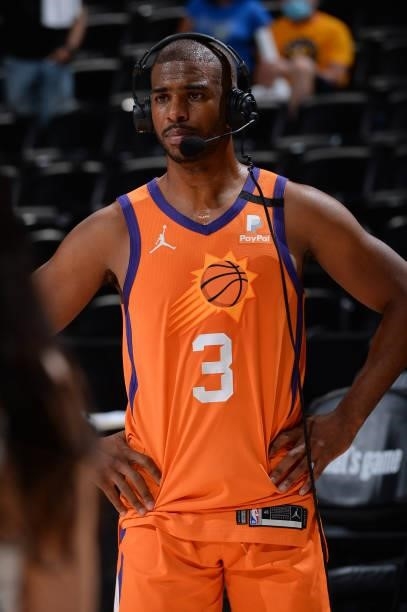 Chris Paul of the Phoenix Suns is interviewed after the game against the Denver Nuggets during Round 2, Game 3 of the 2021 NBA Playoffs on June 11,...