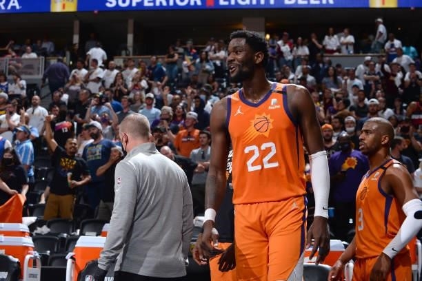 Deandre Ayton of the Phoenix Suns smiles during the game against the Denver Nuggets during Round 2, Game 3 of the 2021 NBA Playoffs on June 11, 2021...