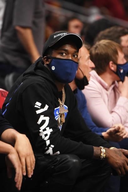 Rapper, Meek Mill, attends a game between the Philadelphia 76ers and the Atlanta Hawks during Round 2, Game 3 of the Eastern Conference Playoffs on...