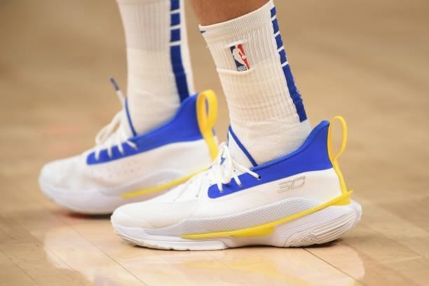 The sneakers worn by Seth Curry of the Philadelphia 76ers during Round 2, Game 3 of the Eastern Conference Playoffs on June 11, 2021 at State Farm...