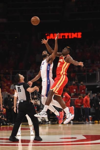 The opening tip-off between Joel Embiid of the Philadelphia 76ers and Clint Capela of the Atlanta Hawks during Round 2, Game 3 of the Eastern...