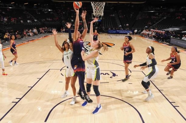 Brittney Griner of the Phoenix Mercury shoots the ball against the Dallas Wings on June 11, 2021 at Phoenix Suns Arena in Phoenix, Arizona. NOTE TO...