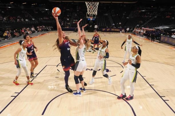 Brittney Griner of the Phoenix Mercury shoots the ball against the Dallas Wings on June 11, 2021 at Phoenix Suns Arena in Phoenix, Arizona. NOTE TO...