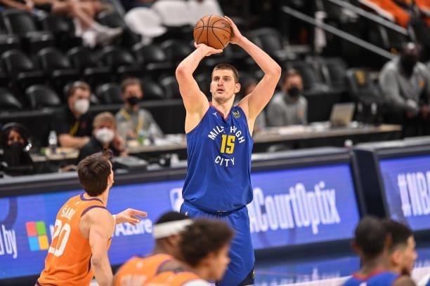 Nikola Jokic of the Denver Nuggets shoots for a three point basket in Game Three of the Western Conference second-round playoff series at Ball Arena...