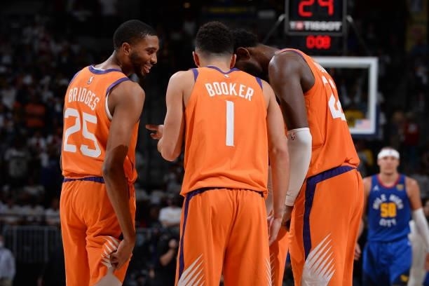Mikal Bridges of the Phoenix Suns smiles during the game against the Denver Nuggets during Round 2, Game 3 of the 2021 NBA Playoffs on June 11, 2021...