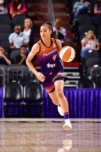 Skylar Diggins-Smith of the Phoenix Mercury handles the ball against the Dallas Wings on June 11, 2021 at Phoenix Suns Arena in Phoenix, Arizona....