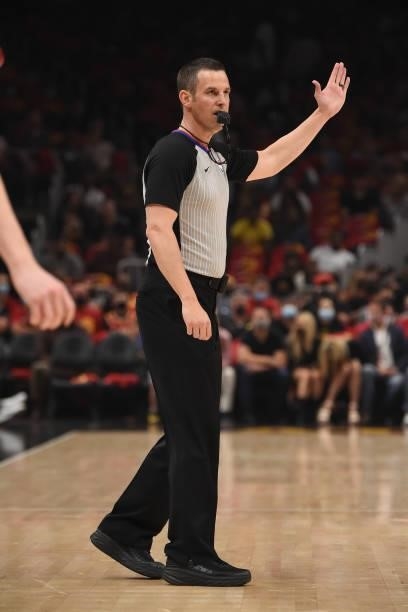 Referee Kevin Scott looks on during Round 2, Game 3 of the Eastern Conference Playoffs on June 11, 2021 at State Farm Arena in Atlanta, Georgia. NOTE...
