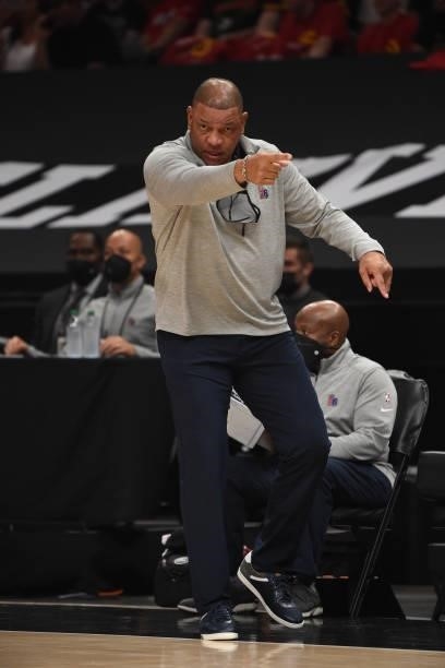 Head Coach Doc Rivers of the Philadelphia 76ers calls out a play against the Atlanta Hawks during Round 2, Game 3 of the Eastern Conference Playoffs...