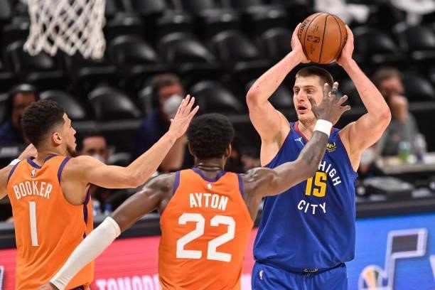 Nikola Jokic of the Denver Nuggets looks for a shot against the Phoenix Suns in Game Three of the Western Conference second-round playoff series at...