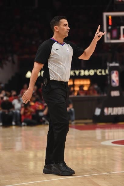 Referee Zach Zarba looks on during Round 2, Game 3 of the Eastern Conference Playoffs on June 11, 2021 at State Farm Arena in Atlanta, Georgia. NOTE...