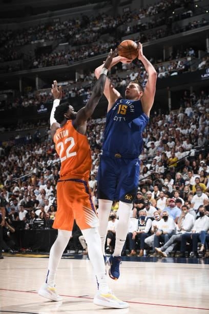 Nikola Jokic of the Denver Nuggets shoots the ball against the Phoenix Suns during Round 2, Game 3 of the 2021 NBA Playoffs on June 11, 2021 at the...