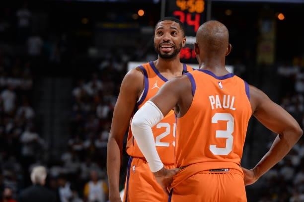 Mikal Bridges of the Phoenix Suns smiles during the game against the Denver Nuggets during Round 2, Game 3 of the 2021 NBA Playoffs on June 11, 2021...