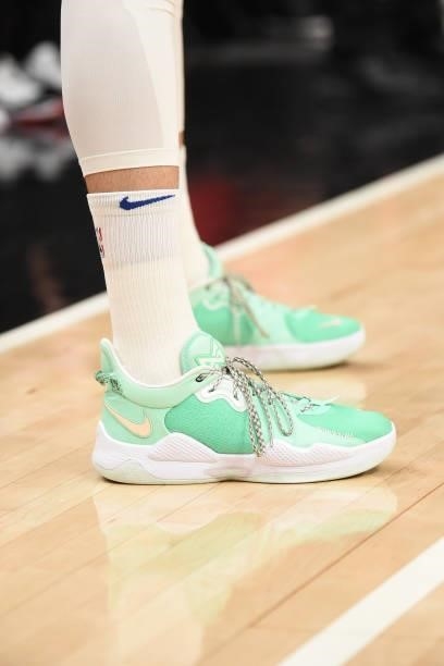 The sneakers worn by Furkan Korkmaz of the Philadelphia 76ers during Round 2, Game 3 of the Eastern Conference Playoffs on June 11, 2021 at State...