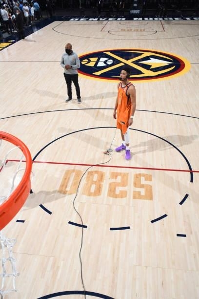 Devin Booker of the Phoenix Suns looks on after the game against the Denver Nuggets during Round 2, Game 3 of the 2021 NBA Playoffs on June 11, 2021...