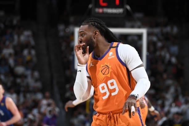 Jae Crowder of the Phoenix Suns celebrates during Round 2, Game 3 of the 2021 NBA Playoffs on June 11, 2021 at the Ball Arena in Denver, Colorado....