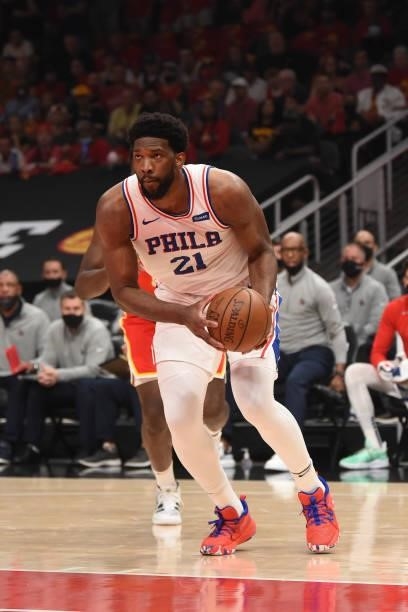 Joel Embiid of the Philadelphia 76ers handles the ball against the Atlanta Hawks during Round 2, Game 3 of the Eastern Conference Playoffs on June...