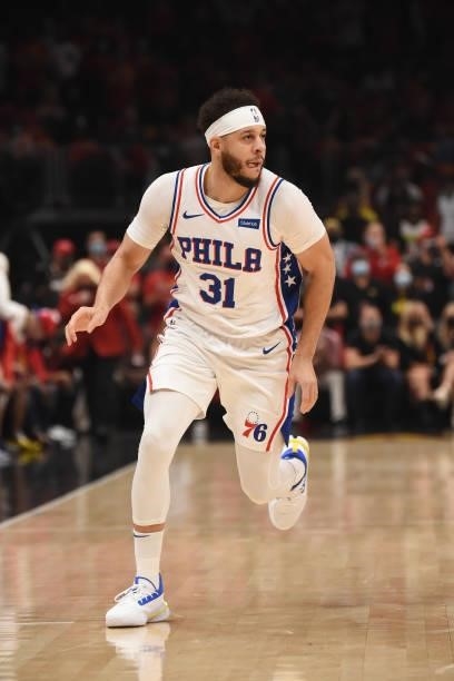 Seth Curry of the Philadelphia 76ers runs on during a game against the Atlanta Hawks during Round 2, Game 3 of the Eastern Conference Playoffs on...