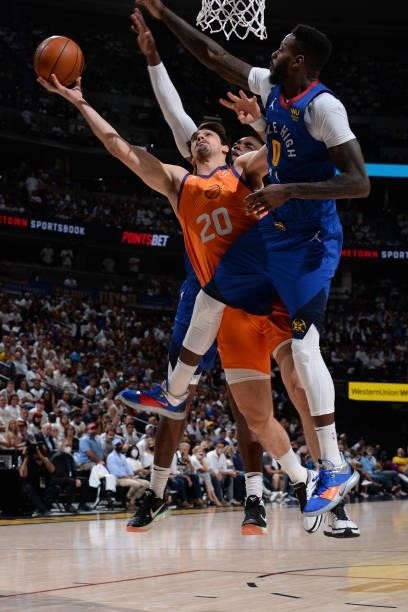 Dario Saric of the Phoenix Suns shoots the ball during the game against the Denver Nuggets during Round 2, Game 3 of the 2021 NBA Playoffs on June...