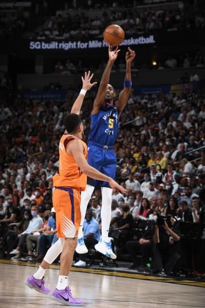 Will Barton of the Denver Nuggets shoots a three point basket against the Phoenix Suns during Round 2, Game 3 of the 2021 NBA Playoffs on June 11,...