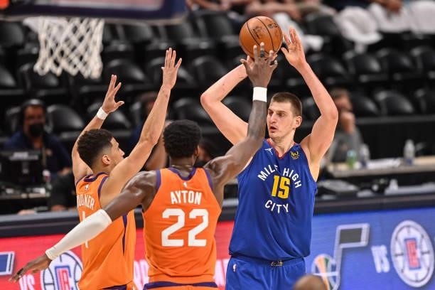 Nikola Jokic of the Denver Nuggets looks for a shot against the Phoenix Suns in Game Three of the Western Conference second-round playoff series at...
