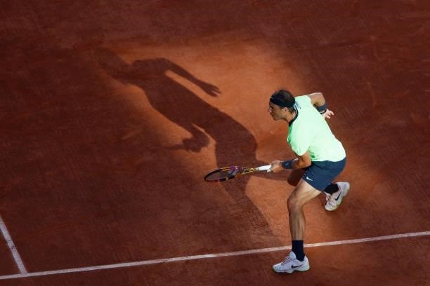 Spain's Rafael Nadal plays against Serbia's Novak Djokovic during their men's singles semi-final tennis match on Day 13 of The Roland Garros 2021...