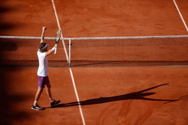 Greece's Stefanos Tsitsipas plays against Germany's Alexander Zverev during their men's singles semi-final tennis match on Day 13 of The Roland...
