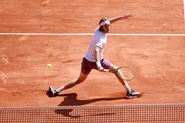 Greece's Stefanos Tsitsipas plays against Germany's Alexander Zverev during their men's singles semi-final tennis match on Day 13 of The Roland...
