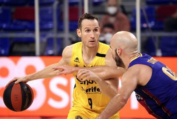 Marcelinho Huertas and Nick Calathes during the match between FC Barcelona and Lenovo Tenerife, corresponding to the 3rd match of semifinal the play...