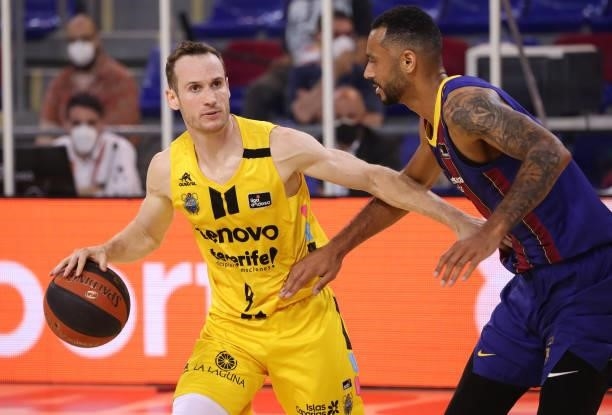 Marcelinho Huertas and Adam Hanga during the match between FC Barcelona and Lenovo Tenerife, corresponding to the 3rd match of semifinal the play off...