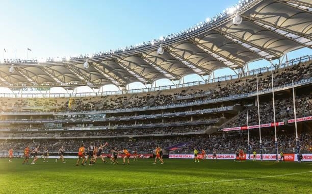 General View during the 2021 AFL Round 13 match between the Fremantle Dockers and the Gold Coast Suns at Optus Stadium on June 12, 2021 in Perth,...