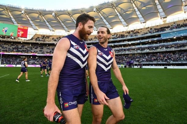 Milestone gamer Reece Conca of the Dockers happy with his team's win during the 2021 AFL Round 13 match between the Fremantle Dockers and the Gold...