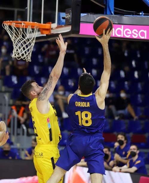 Pierre Oriola of FC Barcelona and Fran Guerra of Lenovo Tenerife battle for the ball during the Liga ACB match between FC Barcelona and Tenerife on...