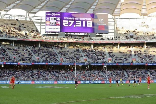 The crowd attendance can be seen during the 2021 AFL Round 13 match between the Fremantle Dockers and the Gold Coast Suns at Optus Stadium on June...