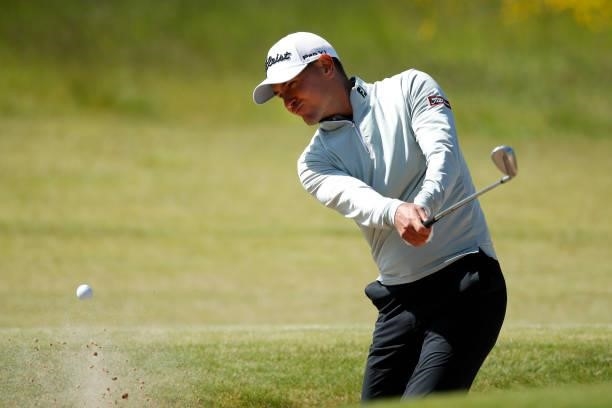 Jason Scrivener of Australia hits a bunker shot on the 7th hole during the third round of The Scandinavian Mixed Hosted by Henrik and Annika at...