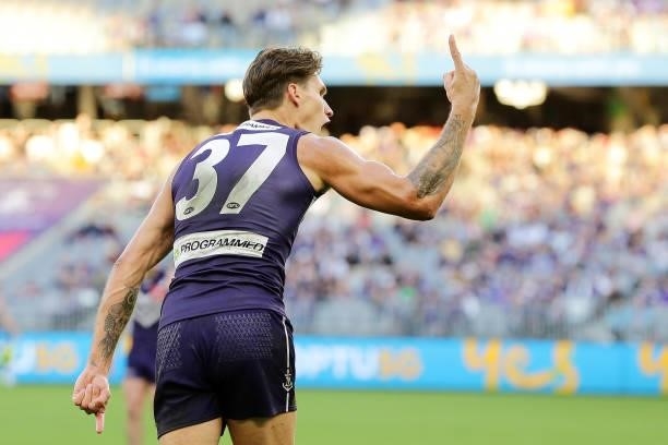 Rory Lobb of the Dockers celebrates after scoring a goal during the 2021 AFL Round 13 match between the Fremantle Dockers and the Gold Coast Suns at...