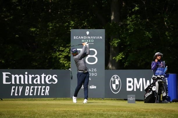 Masahiro Kawamura of Japan tees off on the 18th hole during the third round of The Scandinavian Mixed Hosted by Henrik and Annika at Vallda Golf &...