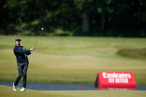 Pedro Figueiredo of Portugal hits his second shot on the 18th hole during the third round of The Scandinavian Mixed Hosted by Henrik and Annika at...