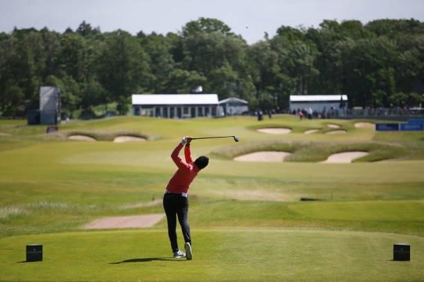 Karolin Lampert of Germany tees off on the 18th hole during the third round of The Scandinavian Mixed Hosted by Henrik and Annika at Vallda Golf &...