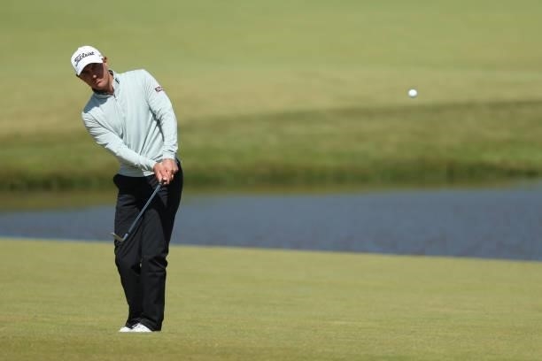 Jason Scrivener of Australia chips on the 9th hole during the third round of The Scandinavian Mixed Hosted by Henrik and Annika at Vallda Golf &...