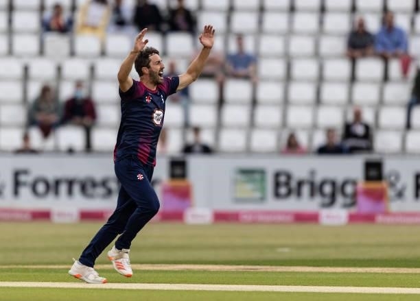 Ben Sanderson of Northamptonshire Steelbacks celebrates after taking the wicket of Riki Wessels of Worcestershire Rapids during the Vitality T20...