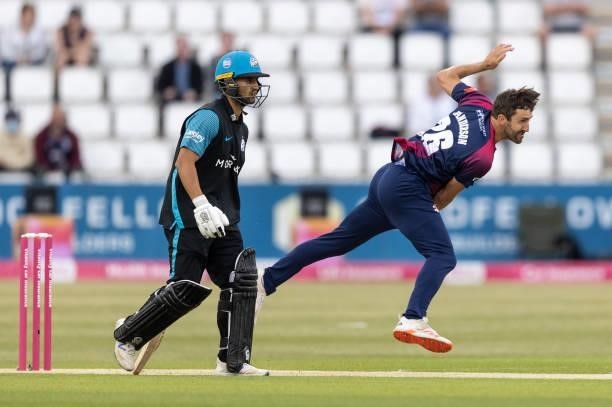 Ben Sanderson of Northamptonshire Steelbacks in delivery stride during the Vitality T20 Blast match between Northamptonshire Steelbacks and...