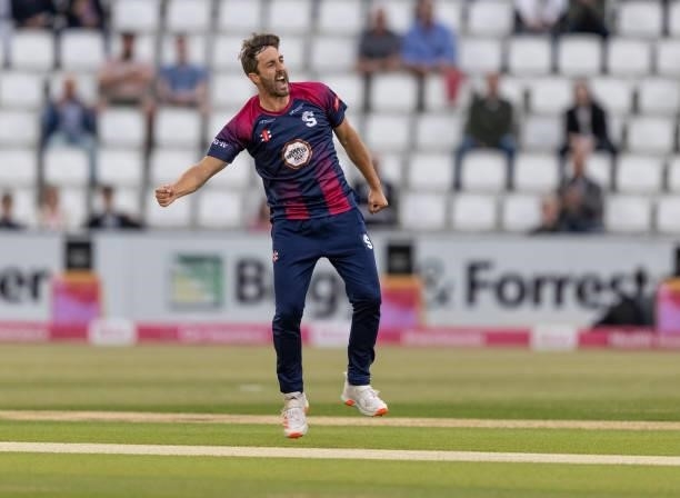 Ben Sanderson of Northamptonshire Steelbacks celebrates after taking the wicket of Riki Wessels of Worcestershire Rapids during the Vitality T20...