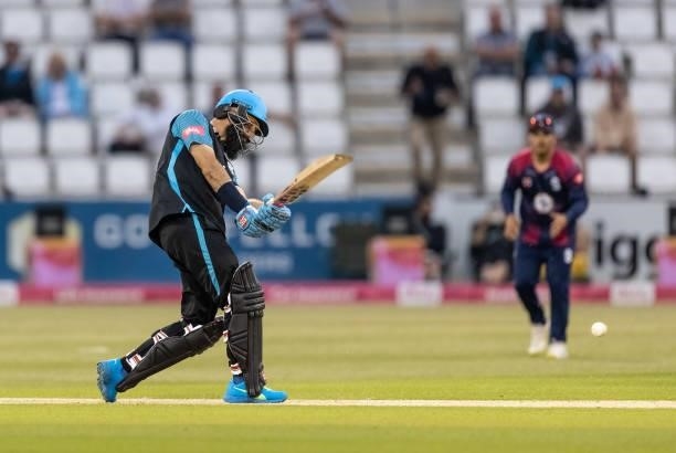 Moeen Ali of Worcestershire Rapids drives during the Vitality T20 Blast match between Northamptonshire Steelbacks and Worcestershire Rapids at The...