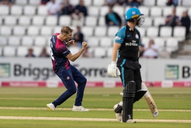Tom Taylor of Northamptonshire Steelbacks celebrates after taking the wicket of Jake Libby of Worcestershire Rapids during the Vitality T20 Blast...