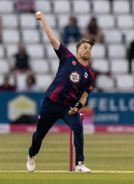 Josh Cobb of Northamptonshire Steelbacks in delivery stride during the Vitality T20 Blast match between Northamptonshire Steelbacks and...