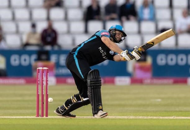 Ross Whiteley of Worcestershire Rapids swings and misses during the Vitality T20 Blast match between Northamptonshire Steelbacks and Worcestershire...