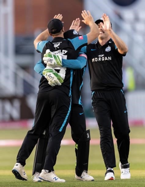 Ross Whiteley of Worcestershire Rapids celebrates taking a catch to dismiss Ricardo Vasconcelos of Northamptonshire Steelbacks during the Vitality...