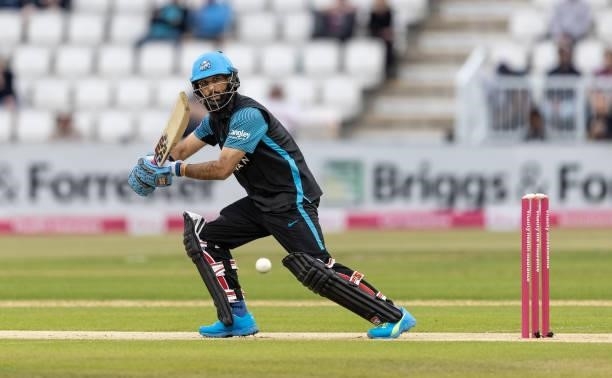 Moeen Ali of Worcestershire Rapids cuts during the Vitality T20 Blast match between Northamptonshire Steelbacks and Worcestershire Rapids at The...
