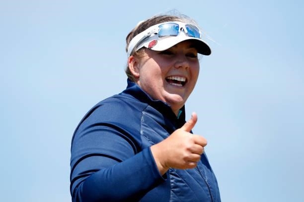 Alice Hewson of England gives a thumbs up on the 18th hole during the third round of The Scandinavian Mixed Hosted by Henrik and Annika at Vallda...